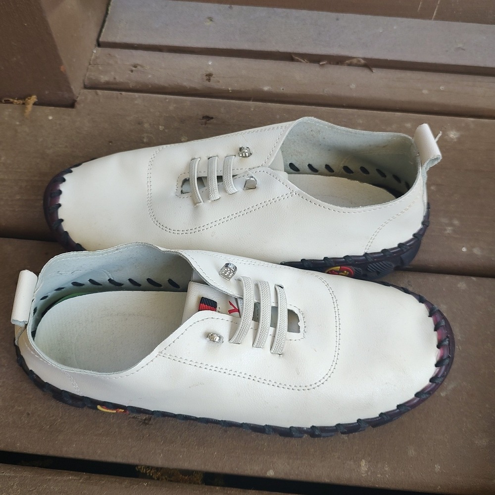 Womens White Leather Whipstitch Slip On Bungee Lace Sneakers Size 39 EU 8 US - Picture 6 of 8
